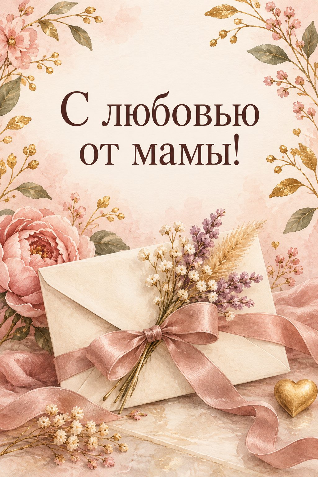 Открытка с днём рождения дочери: конверт с засушенным цветком и шёлковой лентой, надпись «С любовью от мамы!»