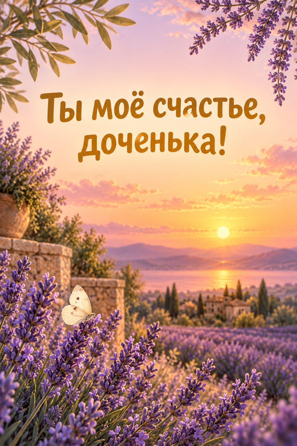 Открытка с днём рождения дочери: лавандовое поле на закате и белая бабочка, надпись «Ты моё счастье, доченька!»