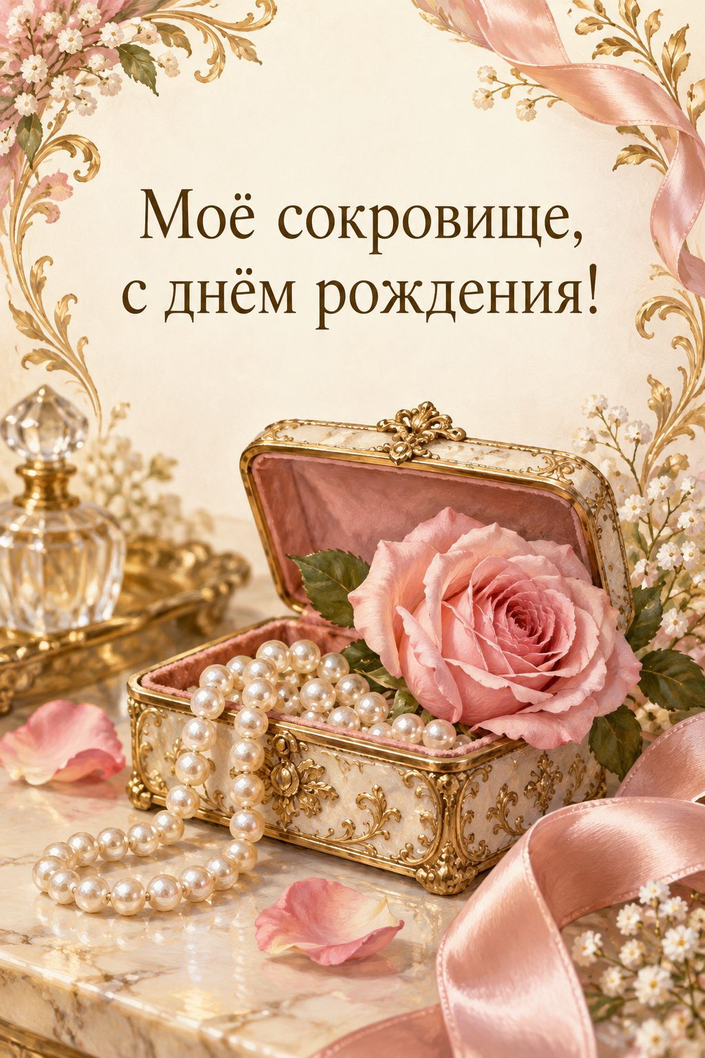 Открытка с днём рождения дочери: старинная шкатулка с жемчугом и роза, надпись «Моё сокровище, с днём рождения!»