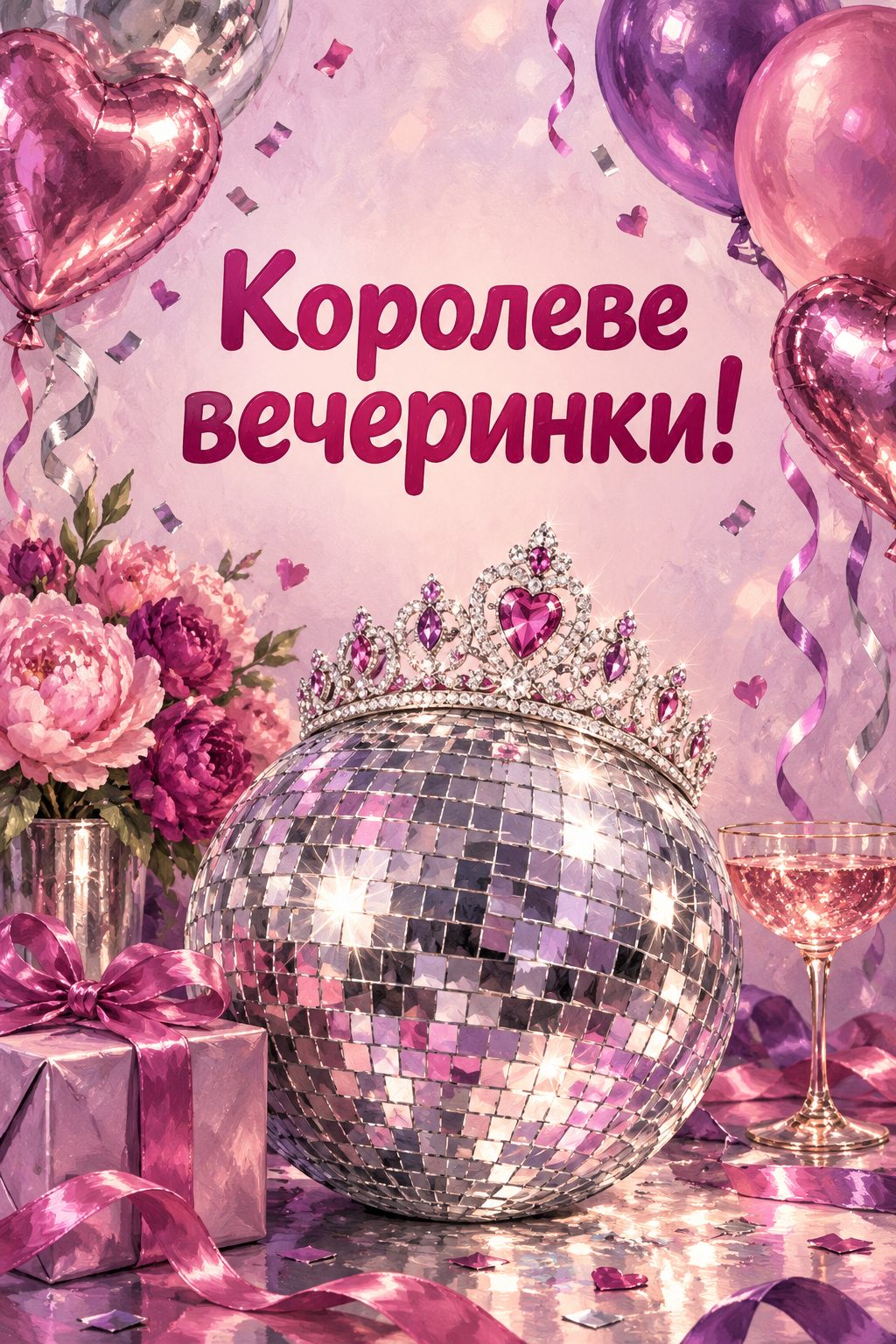 Открытка с днём рождения дочери: блестящая диадема на диско-шаре с шарами, надпись «Королеве вечеринки!»
