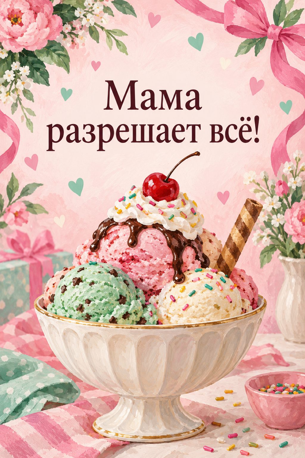 Открытка с днём рождения дочери: большая миска мороженого с посыпкой и вишней, надпись «Мама разрешает всё!»