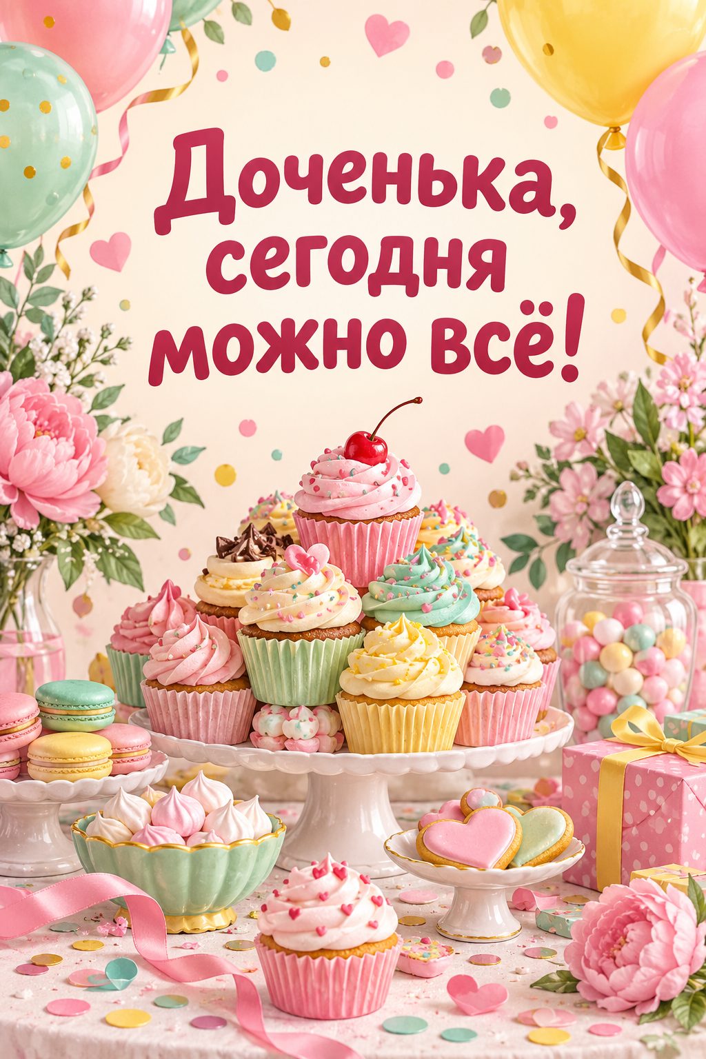 Открытка с днём рождения дочери: гора капкейков и сладостей с конфетти, надпись «Доченька, сегодня можно всё!»