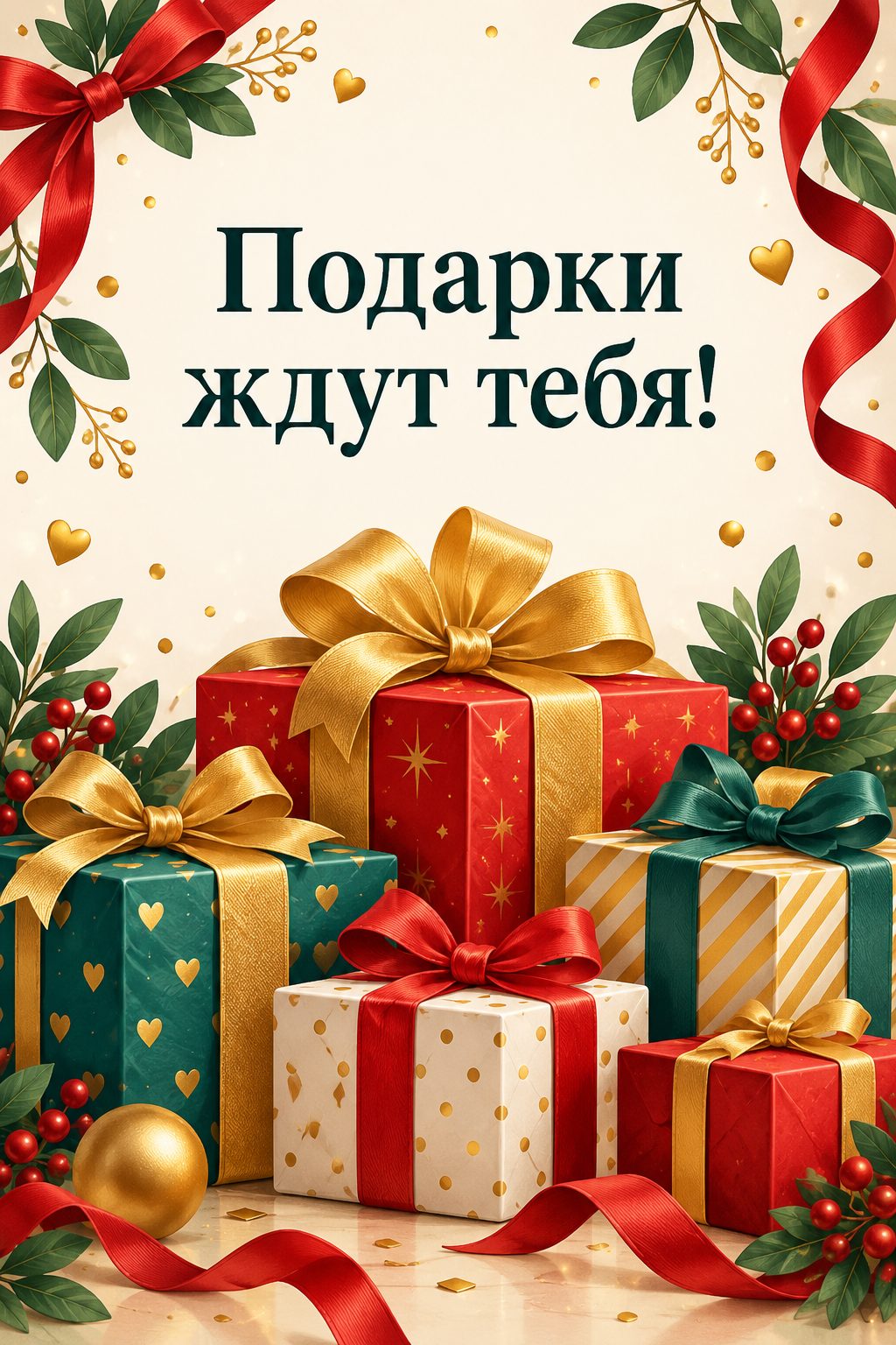 Открытка с днём рождения дочери: гора разноцветных подарков с бантами, надпись «Подарки ждут тебя!»