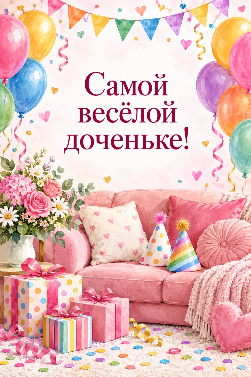 Открытка с днём рождения дочери: шары, конфетти и праздничные колпаки на диване, надпись «Самой весёлой доченьке!»
