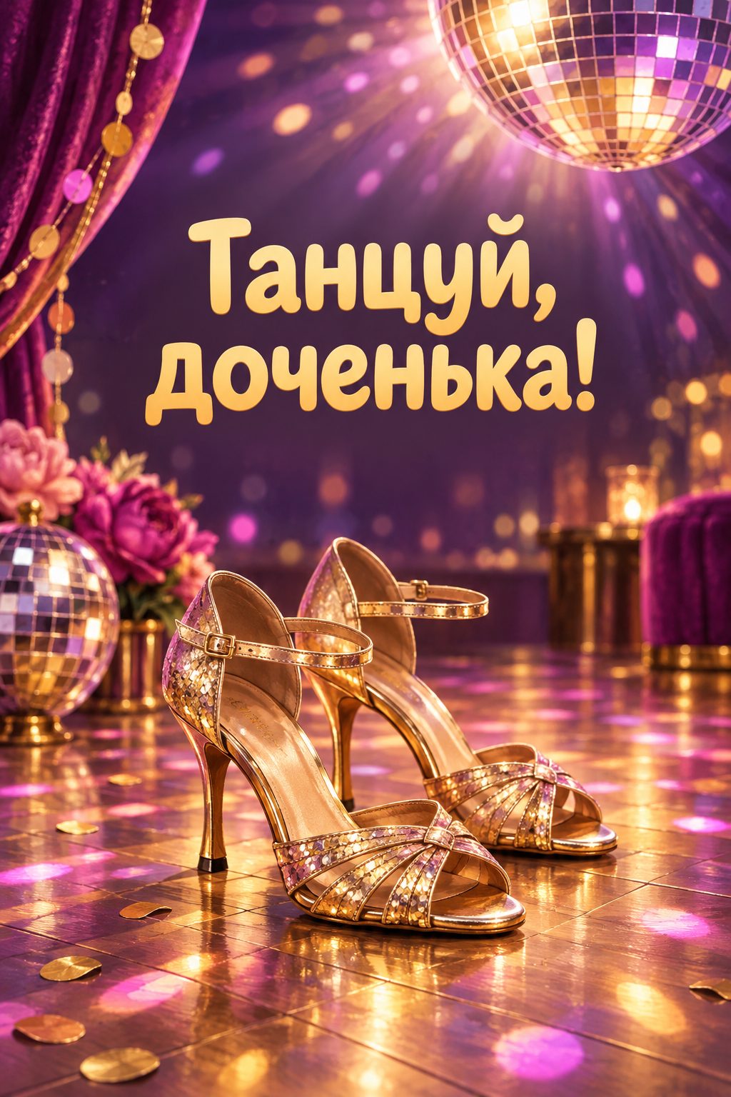 Открытка с днём рождения дочери: блестящие туфельки на танцполе с огнями, надпись «Танцуй, доченька!»