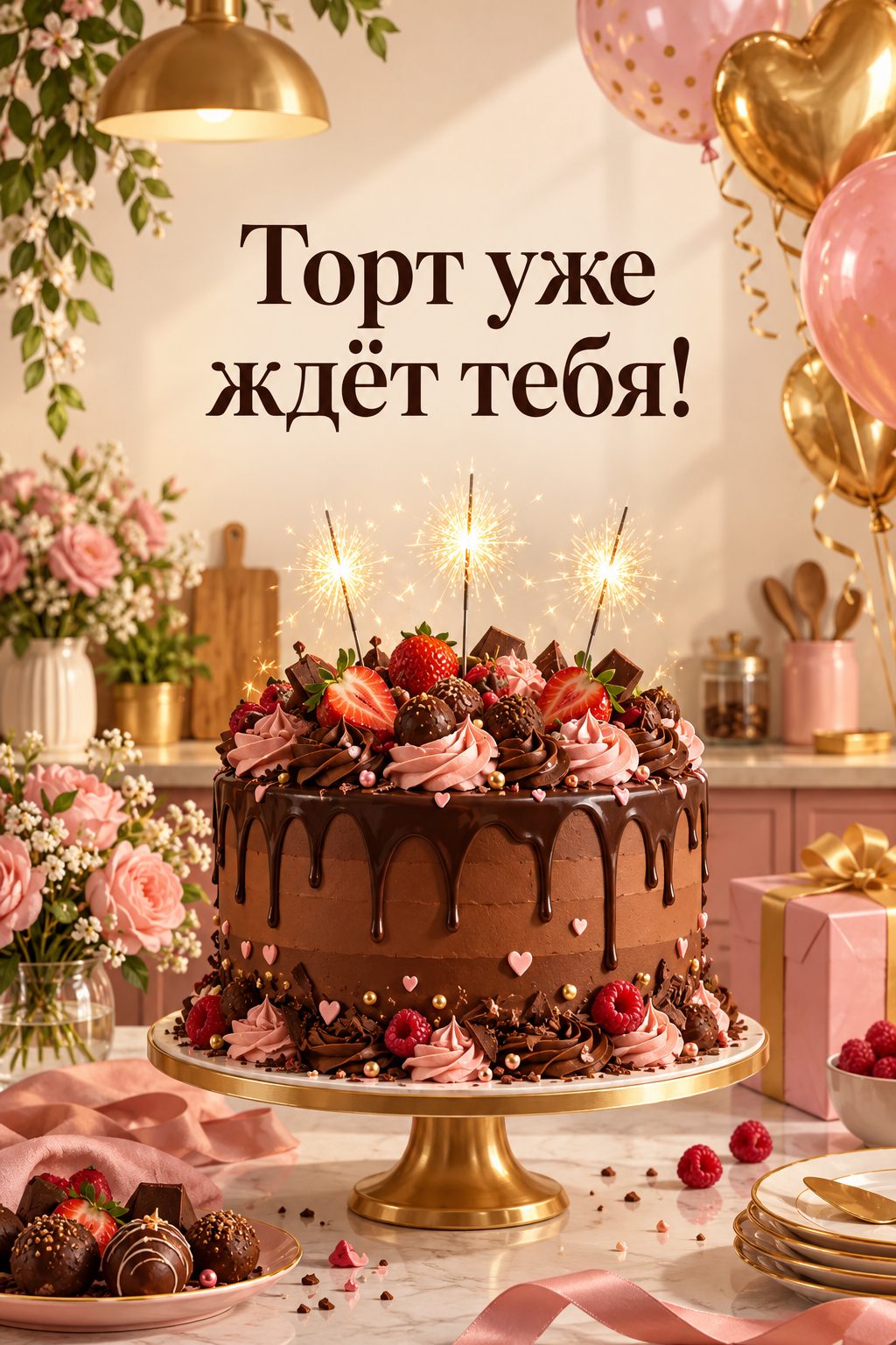 Открытка с днём рождения дочери: большой торт с бенгальскими огнями, надпись «Торт уже ждёт тебя!»