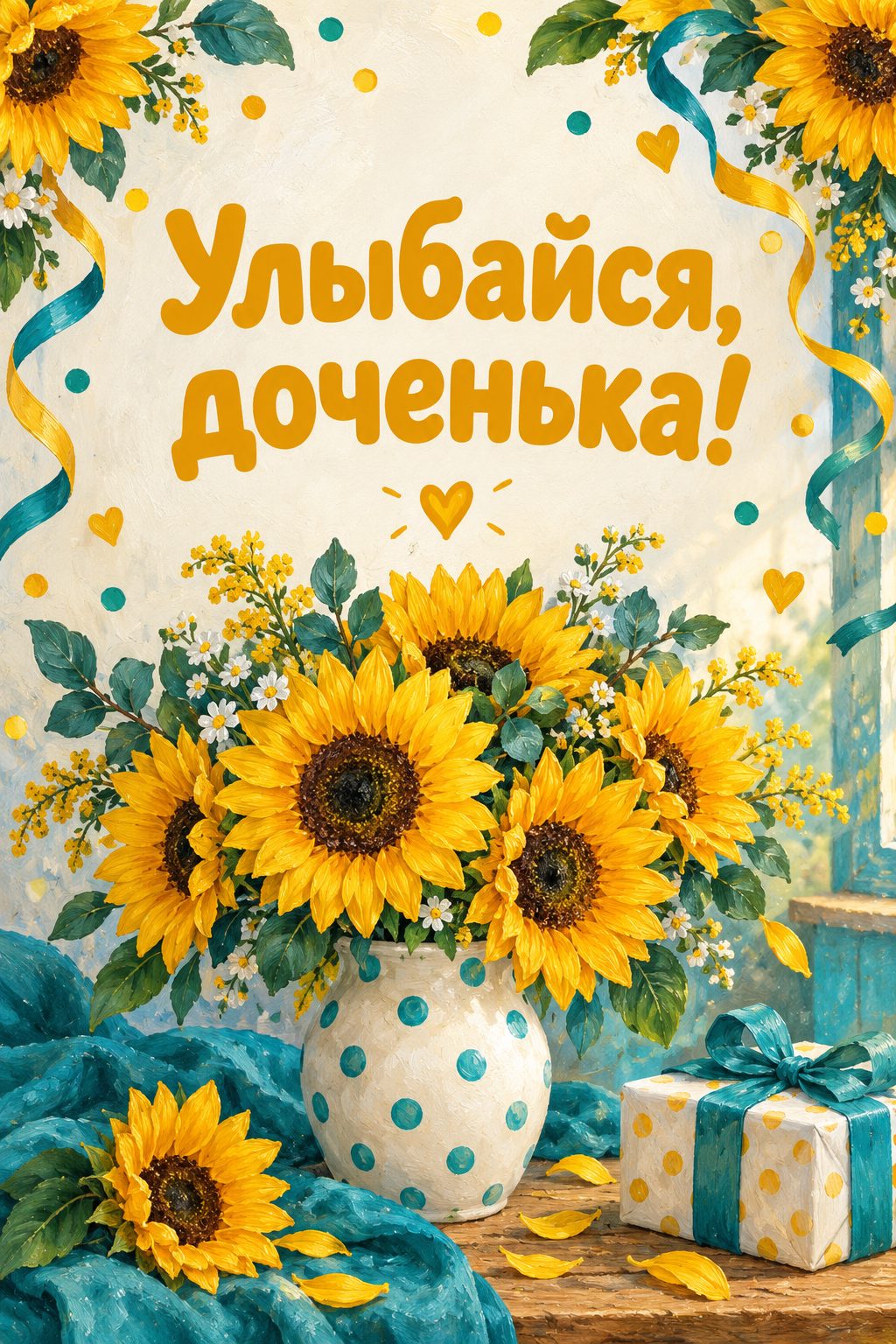 Открытка с днём рождения дочери: подсолнухи в вазе в горошек и конфетти, надпись «Улыбайся, доченька!»