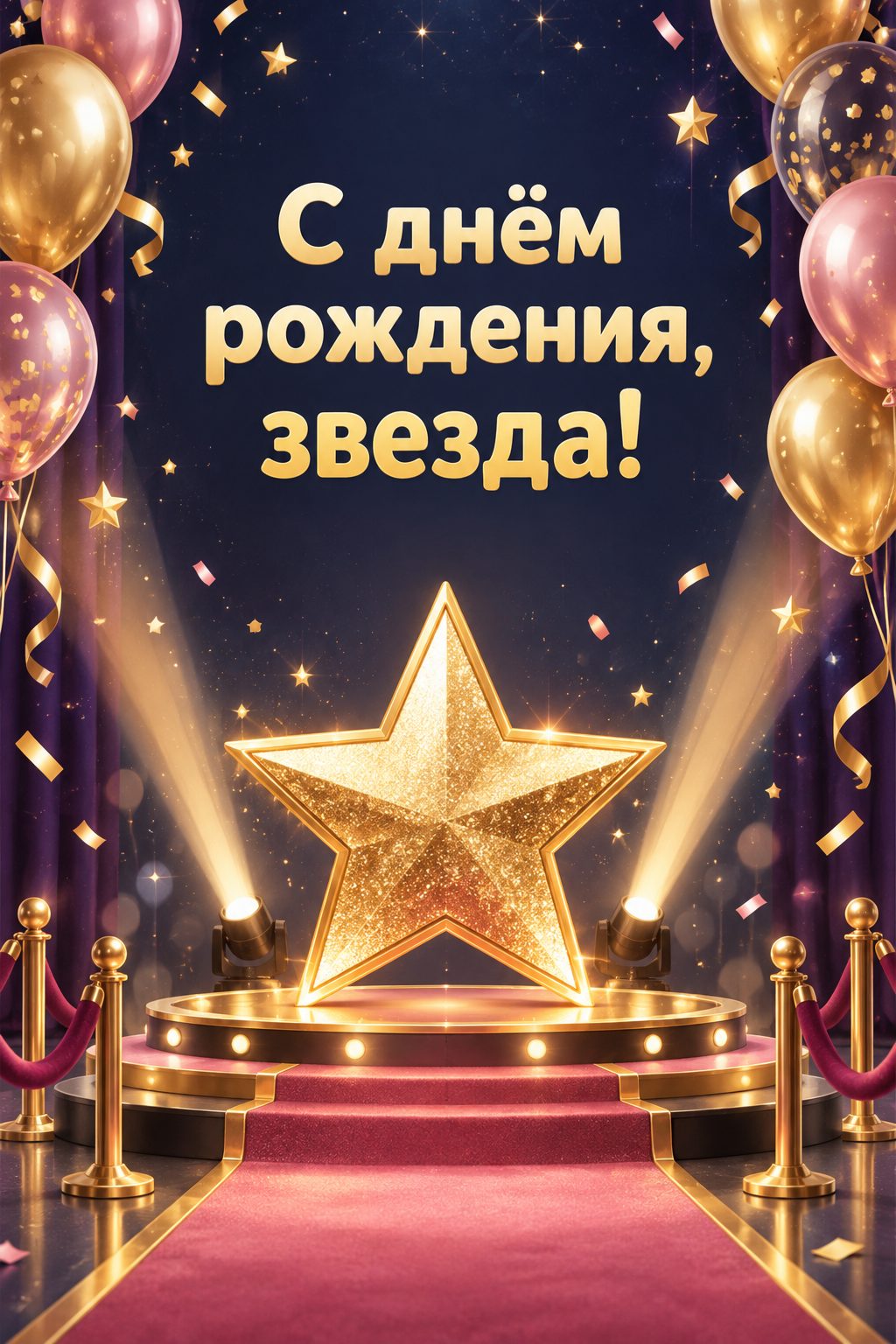 Открытка с днём рождения дочери: золотая звезда на сцене в лучах прожекторов, надпись «С днём рождения, звезда!»