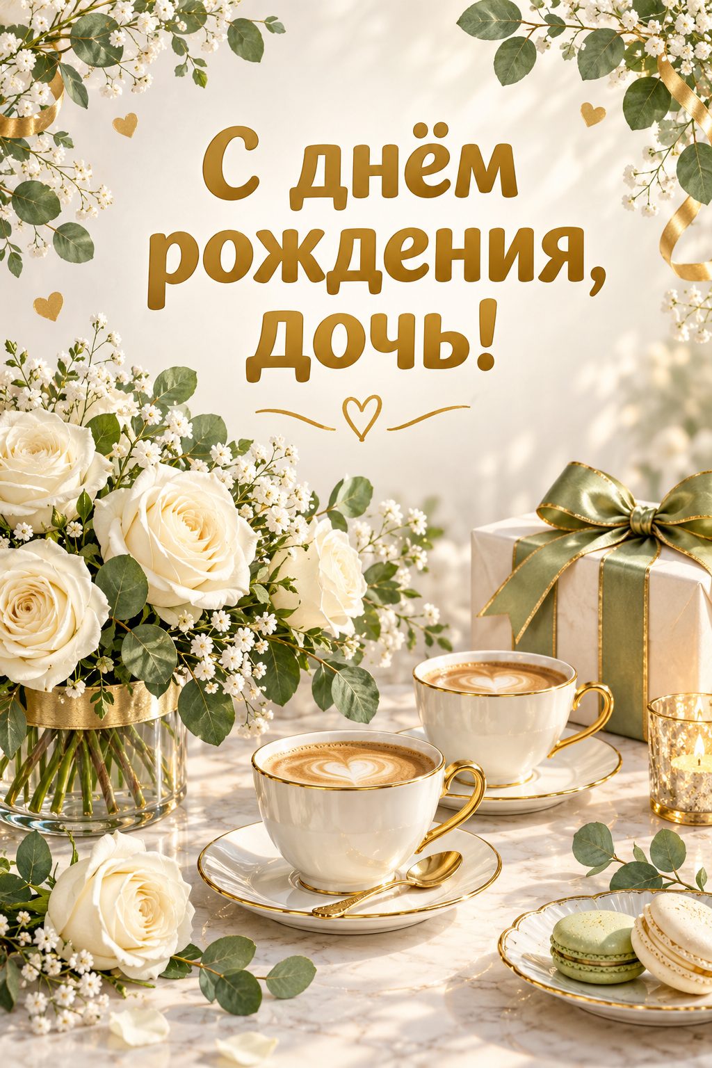 Открытка с днём рождения дочери: стол с белыми розами, двумя чашками кофе и подарком, надпись «С днём рождения, дочь!»