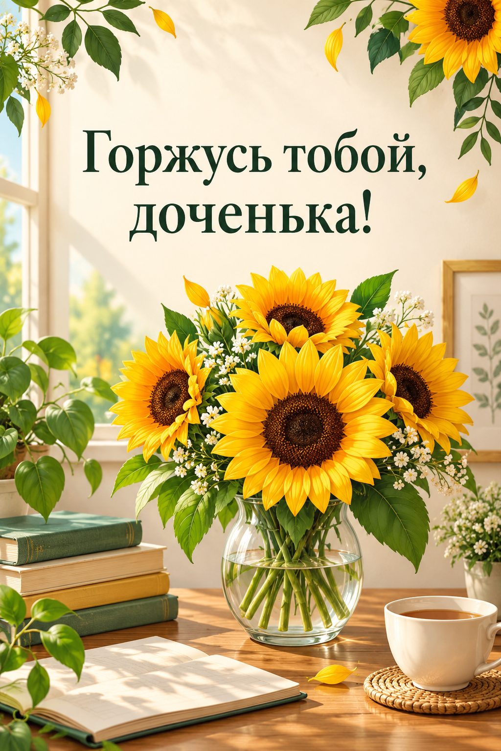 Открытка с днём рождения дочери: подсолнухи в стеклянной вазе на столе с книгами, надпись «Горжусь тобой, доченька!»