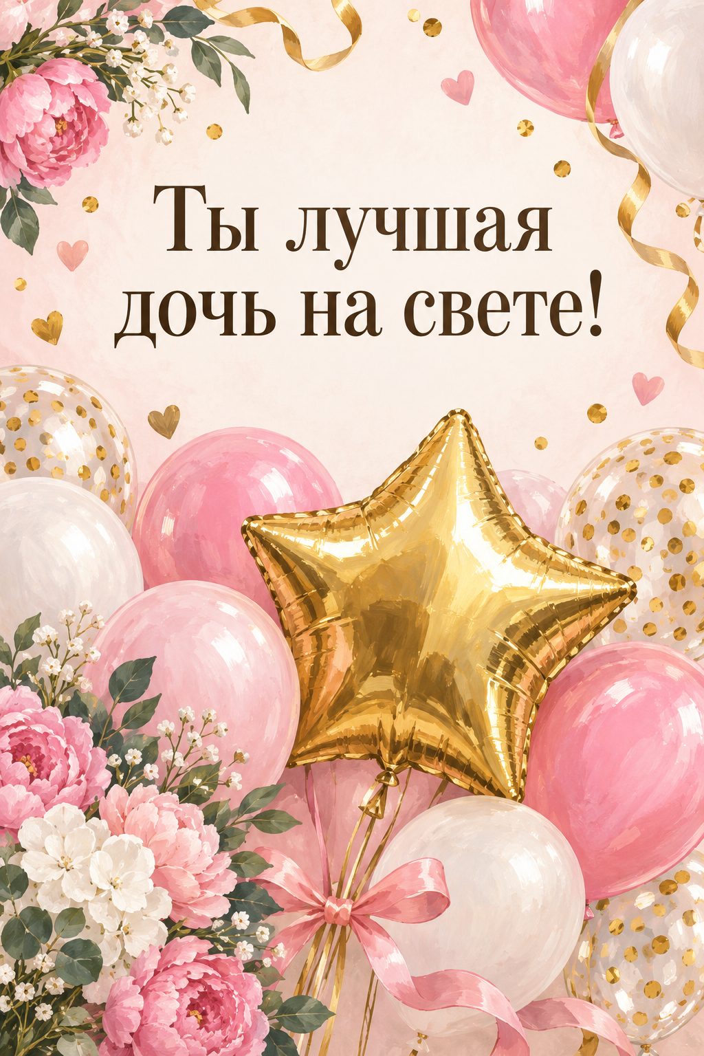 Открытка с днём рождения дочери: золотой шар-звезда среди розовых и белых шаров, надпись «Ты лучшая дочь на свете!»