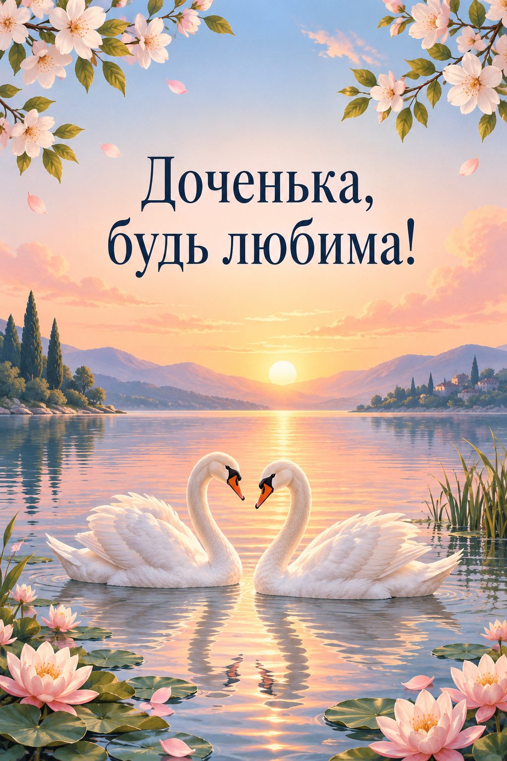 Открытка с днём рождения дочери: два лебедя на озере на рассвете, надпись «Доченька, будь любима!»