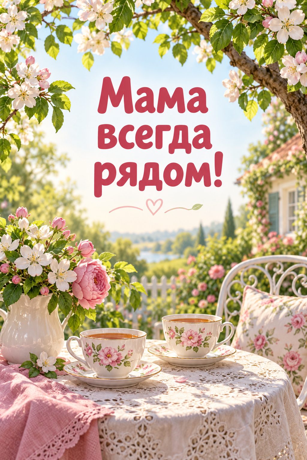 Открытка с днём рождения дочери: две чашки чая под цветущей яблоней, надпись «Мама всегда рядом!»