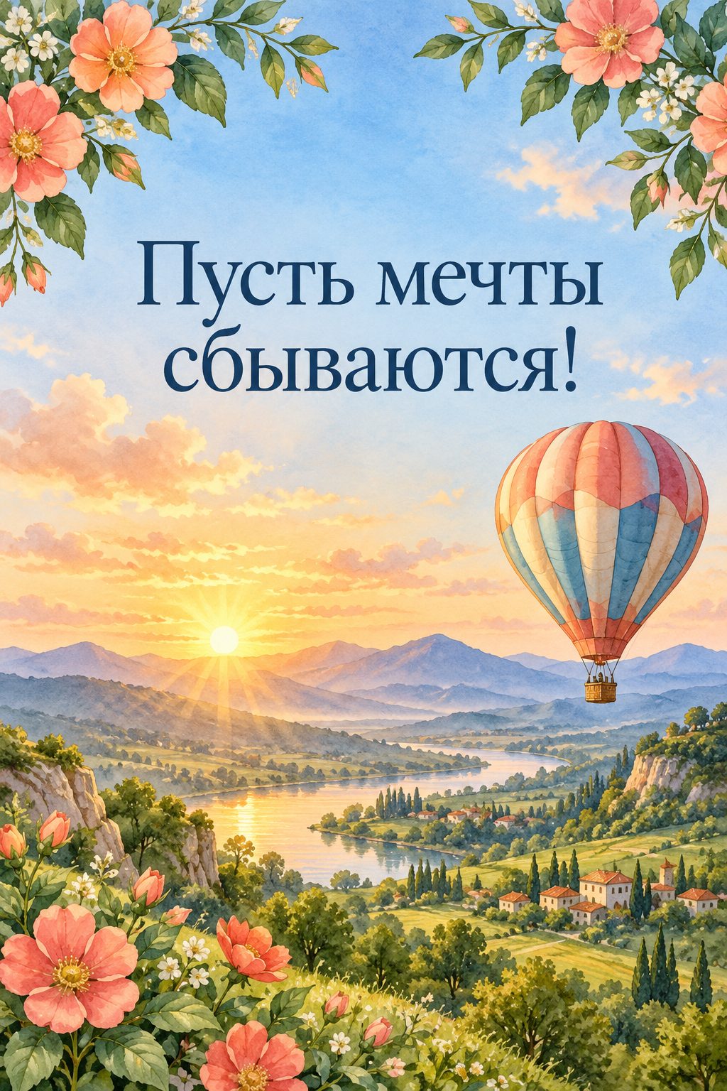 Открытка с днём рождения дочери: воздушный шар над зелёной долиной на рассвете, надпись «Пусть мечты сбываются!»