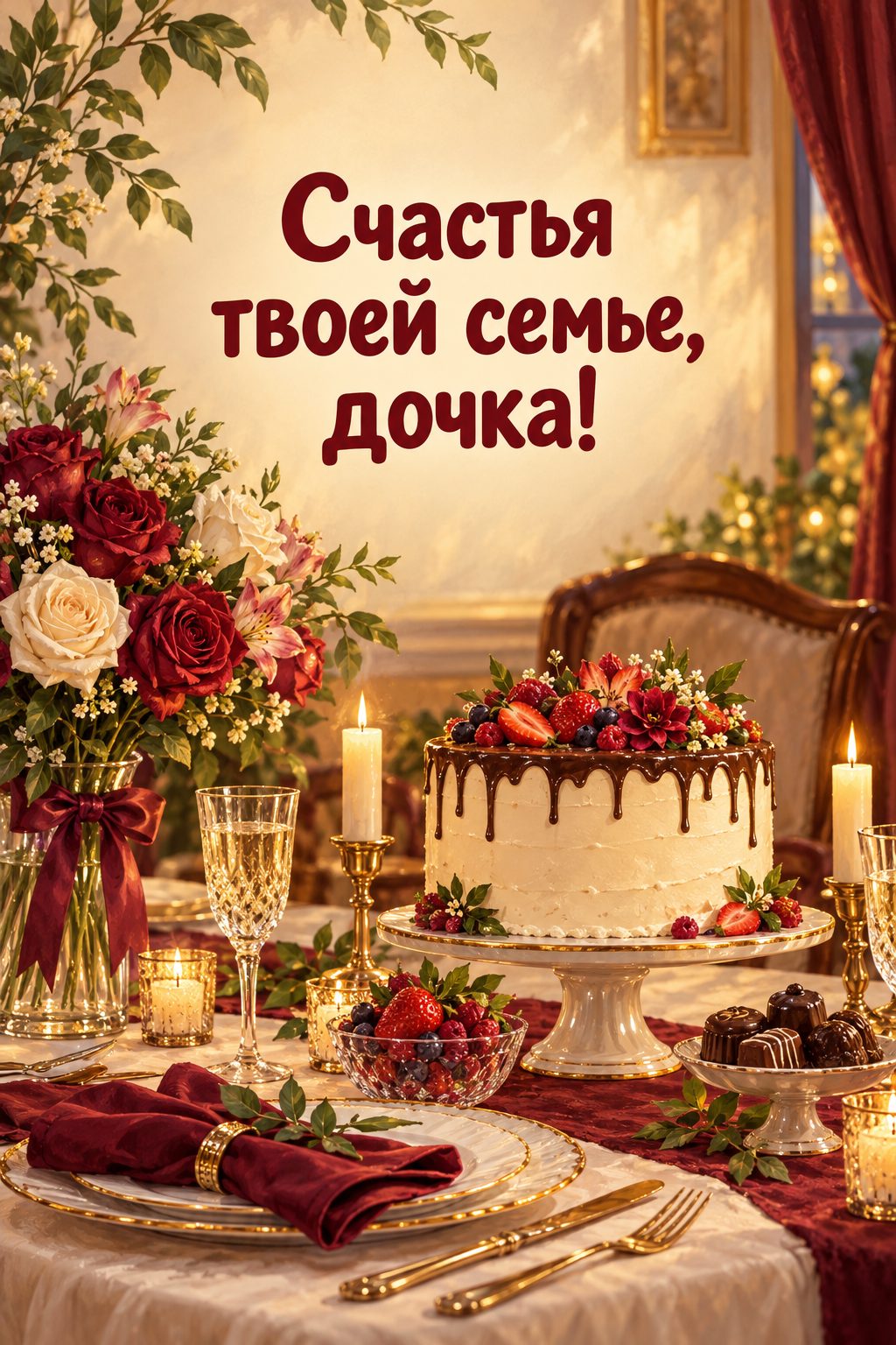 Открытка с днём рождения дочери: семейный стол с тортом, цветами и свечами, надпись «Счастья твоей семье, дочка!»