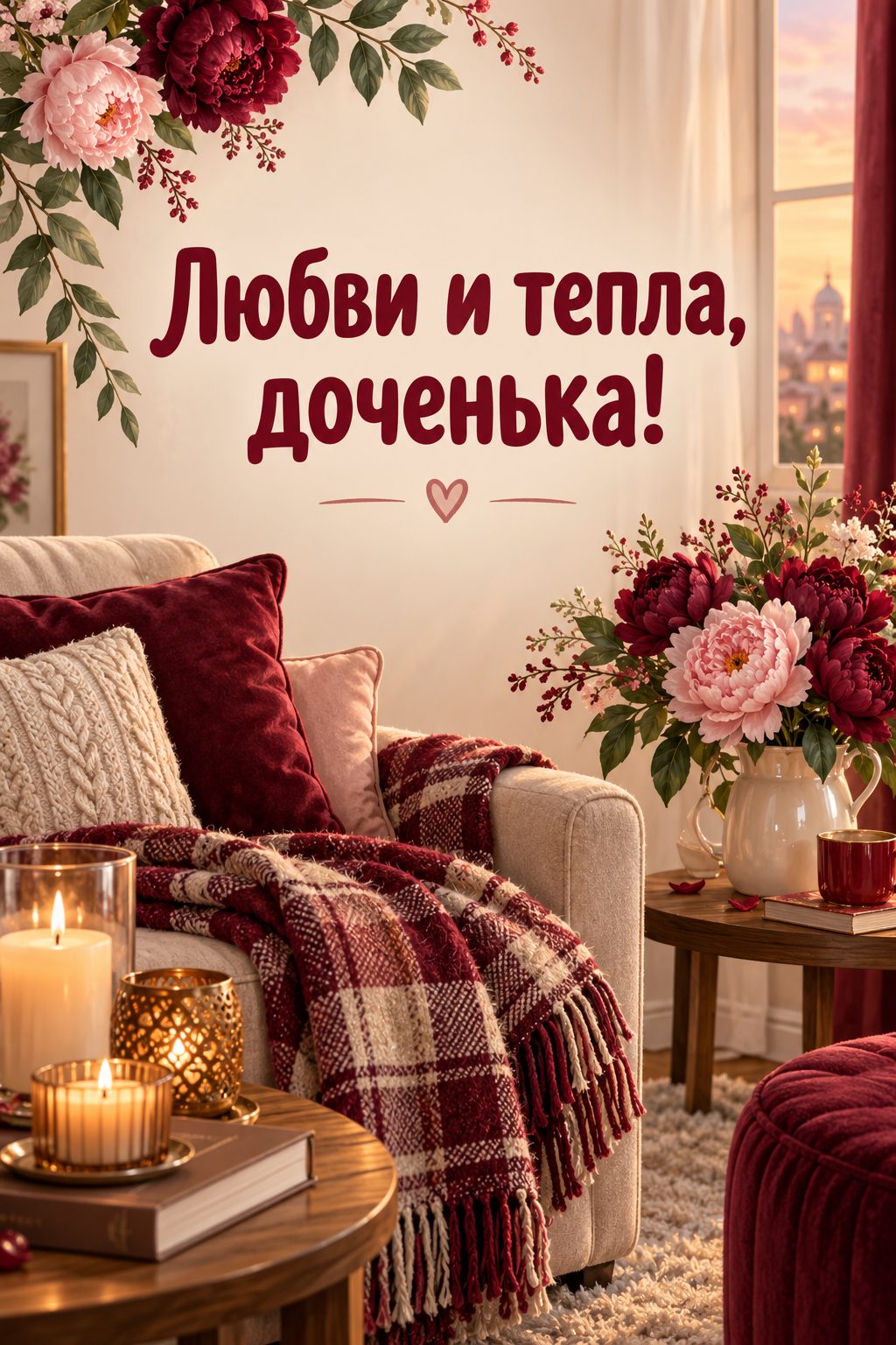 Открытка с днём рождения дочери: уютный уголок с пледом, свечами и пионами, надпись «Любви и тепла, доченька!»