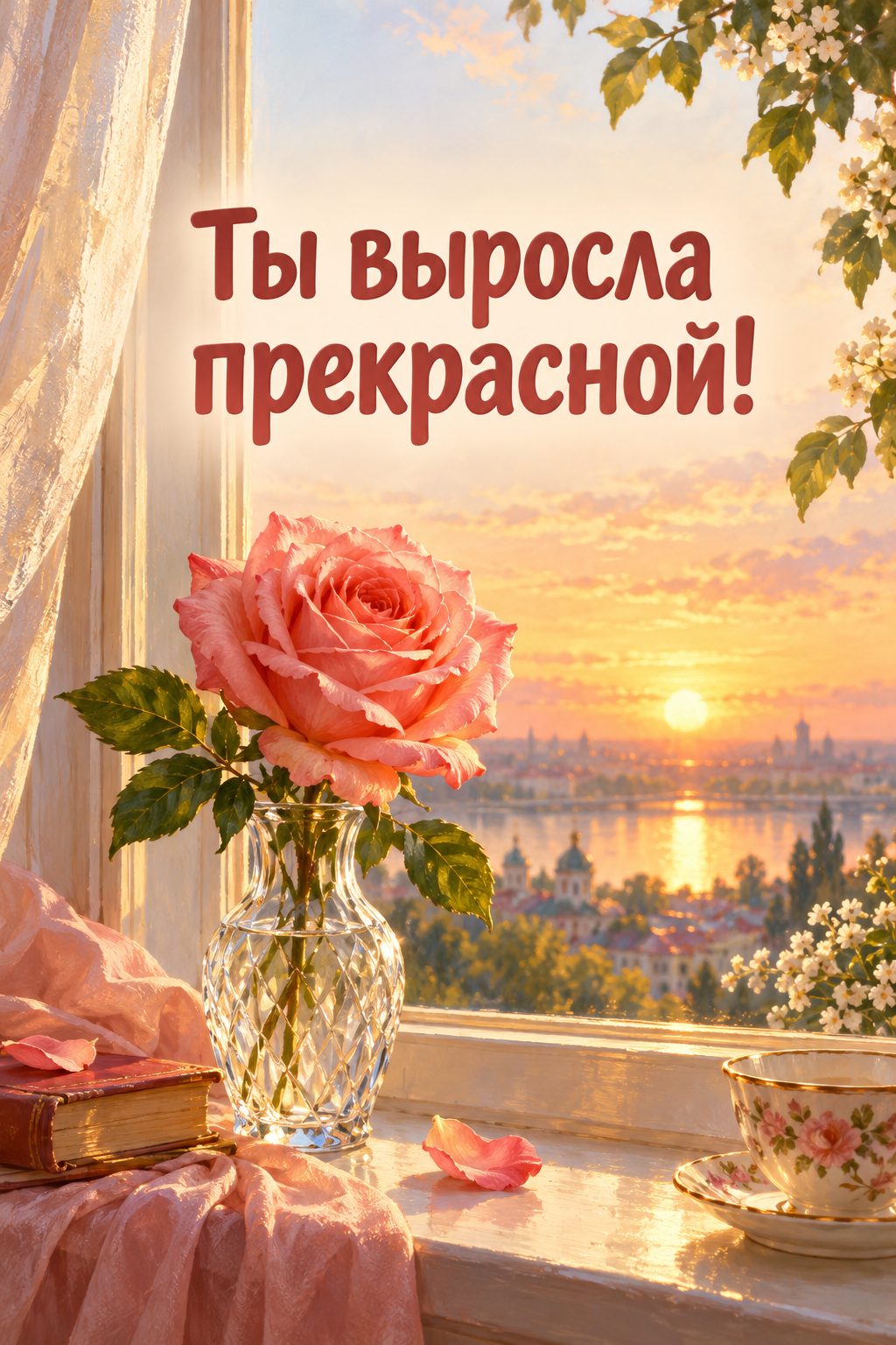 Открытка с днём рождения дочери: роза в хрустальной вазе на окне на рассвете, надпись «Ты выросла прекрасной!»