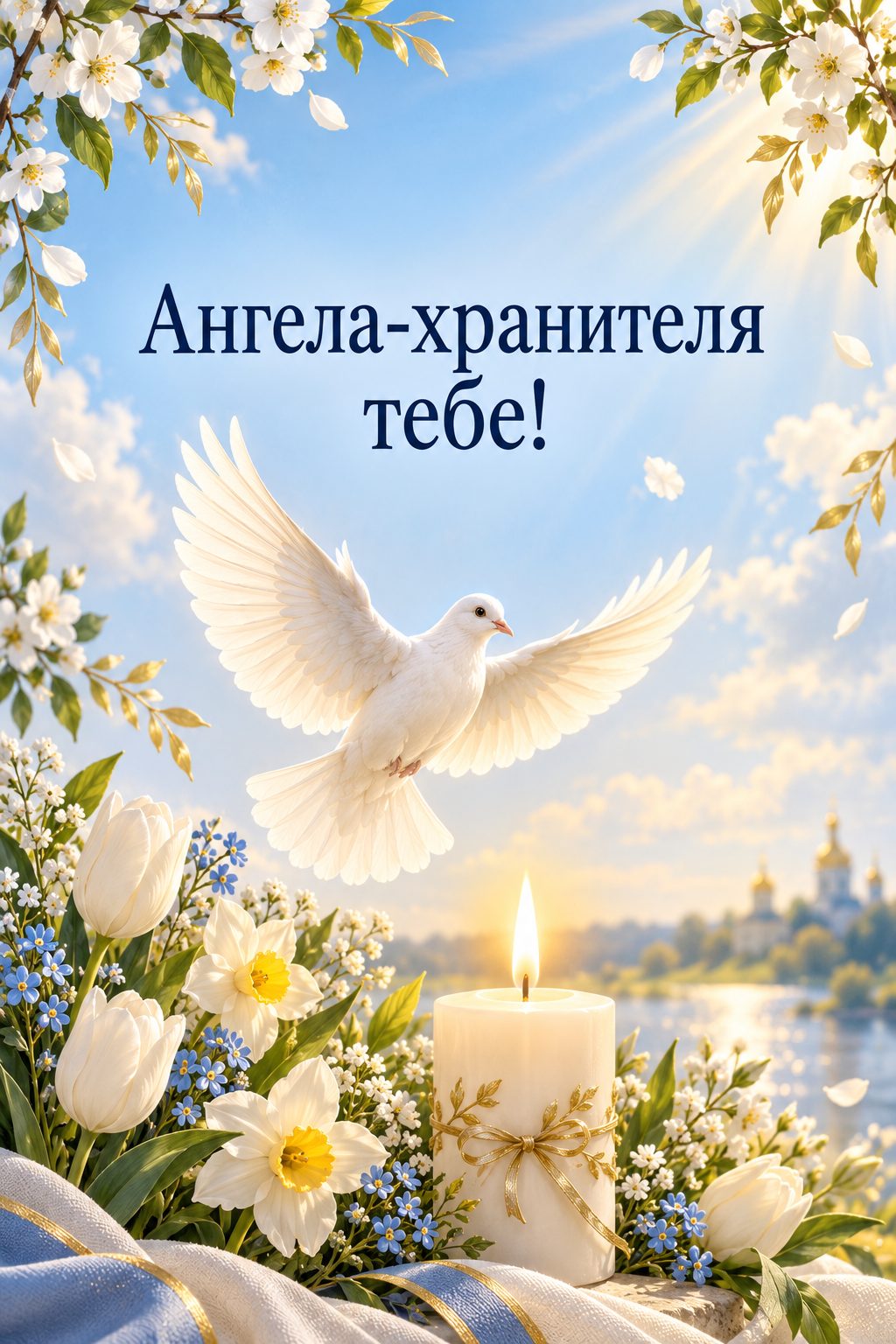 Открытка с днём рождения крестнику: белый голубь над горящей свечой и весенние цветы, надпись «Ангела-хранителя тебе!»