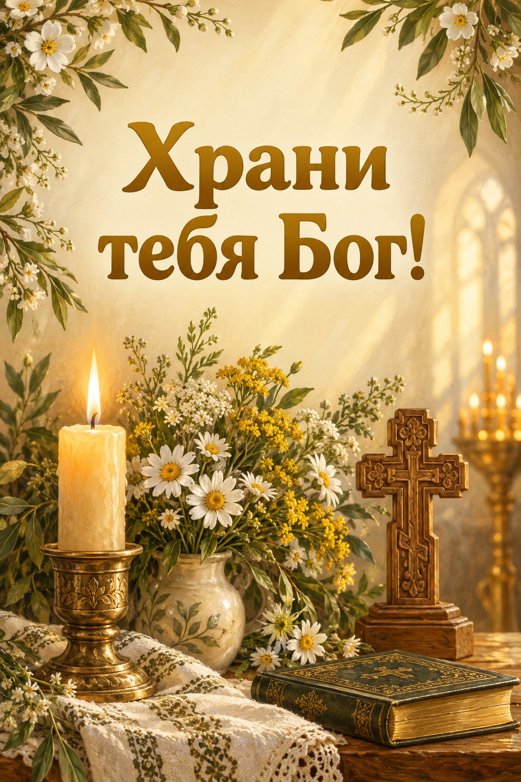 Открытка с днём рождения крестнику: церковная свеча, букет полевых цветов и деревянный крестик, надпись «Храни тебя Бог!»