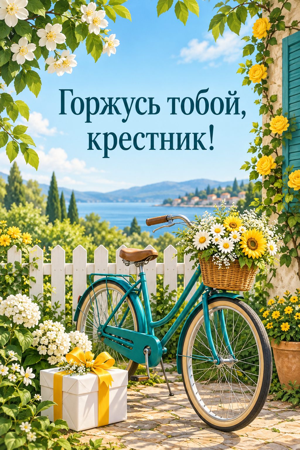 Открытка с днём рождения крестнику: велосипед у забора в летнем саду и подарок, надпись «Горжусь тобой, крестник!»