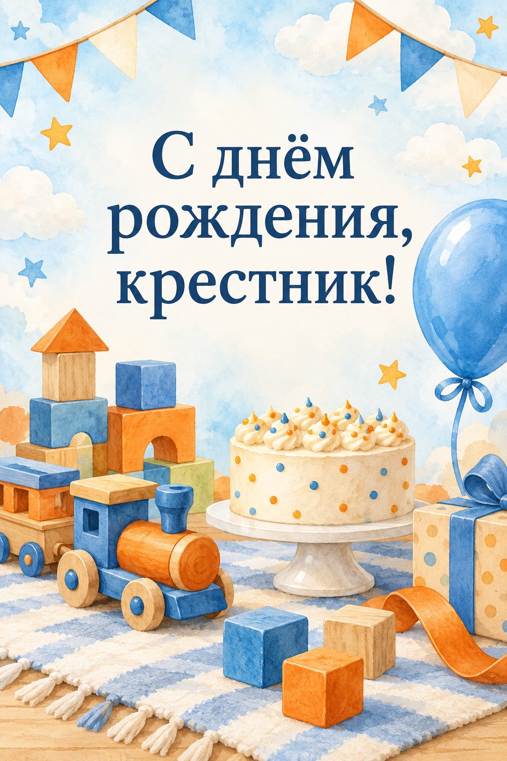 Открытка с днём рождения крестнику: игрушечный паровозик, кубики и синий шар рядом с тортом, надпись «С днём рождения, крестник!»