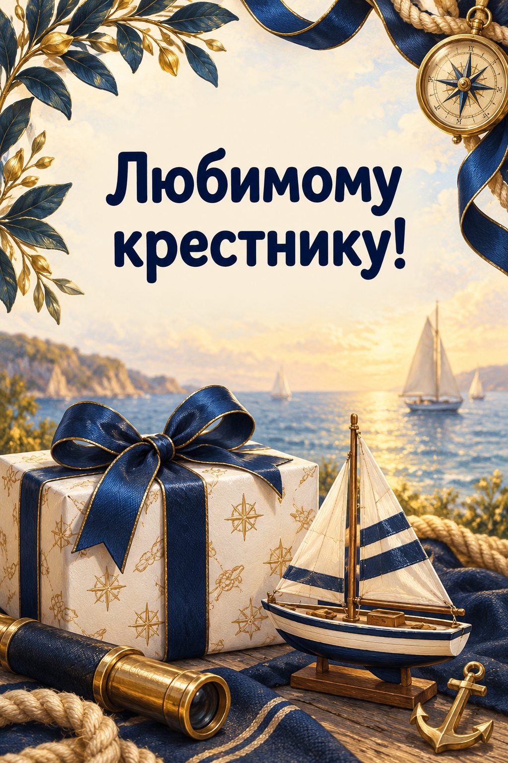 Открытка с днём рождения крестнику: подарок с синей лентой и игрушечный парусник, надпись «Любимому крестнику!»