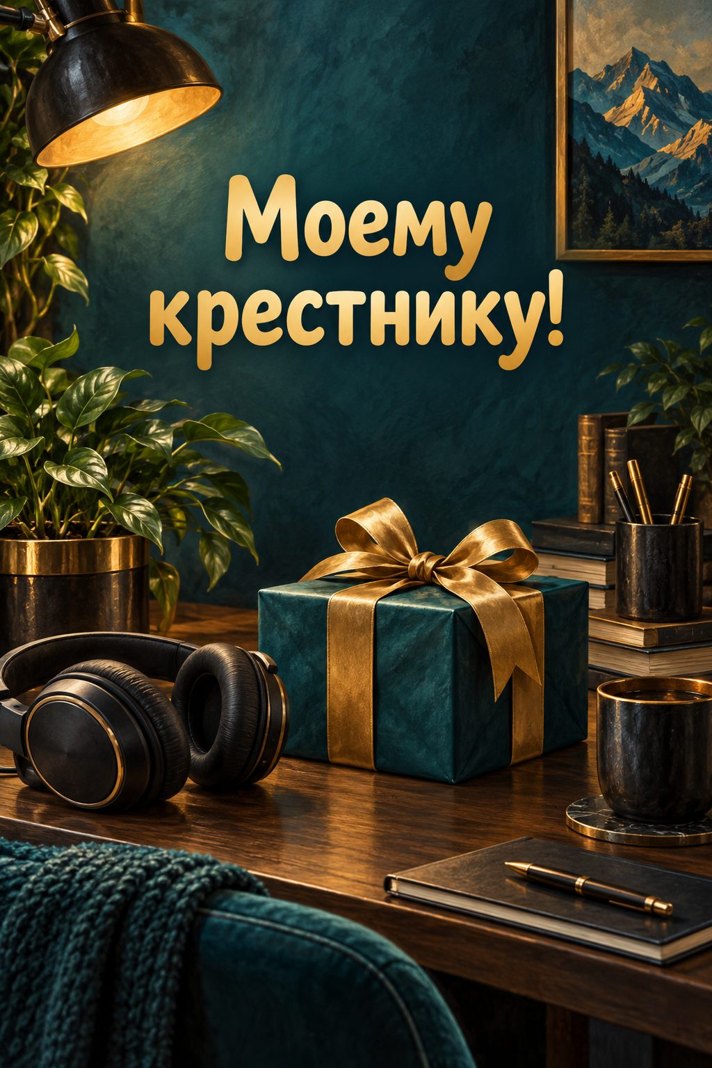 Открытка с днём рождения крестнику: письменный стол с наушниками, подарком и растением, надпись «Моему крестнику!»