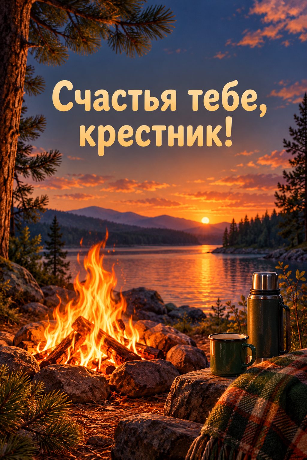 Открытка с днём рождения крестнику: костёр у озера в сумерках, термос и кружка, надпись «Счастья тебе, крестник!»