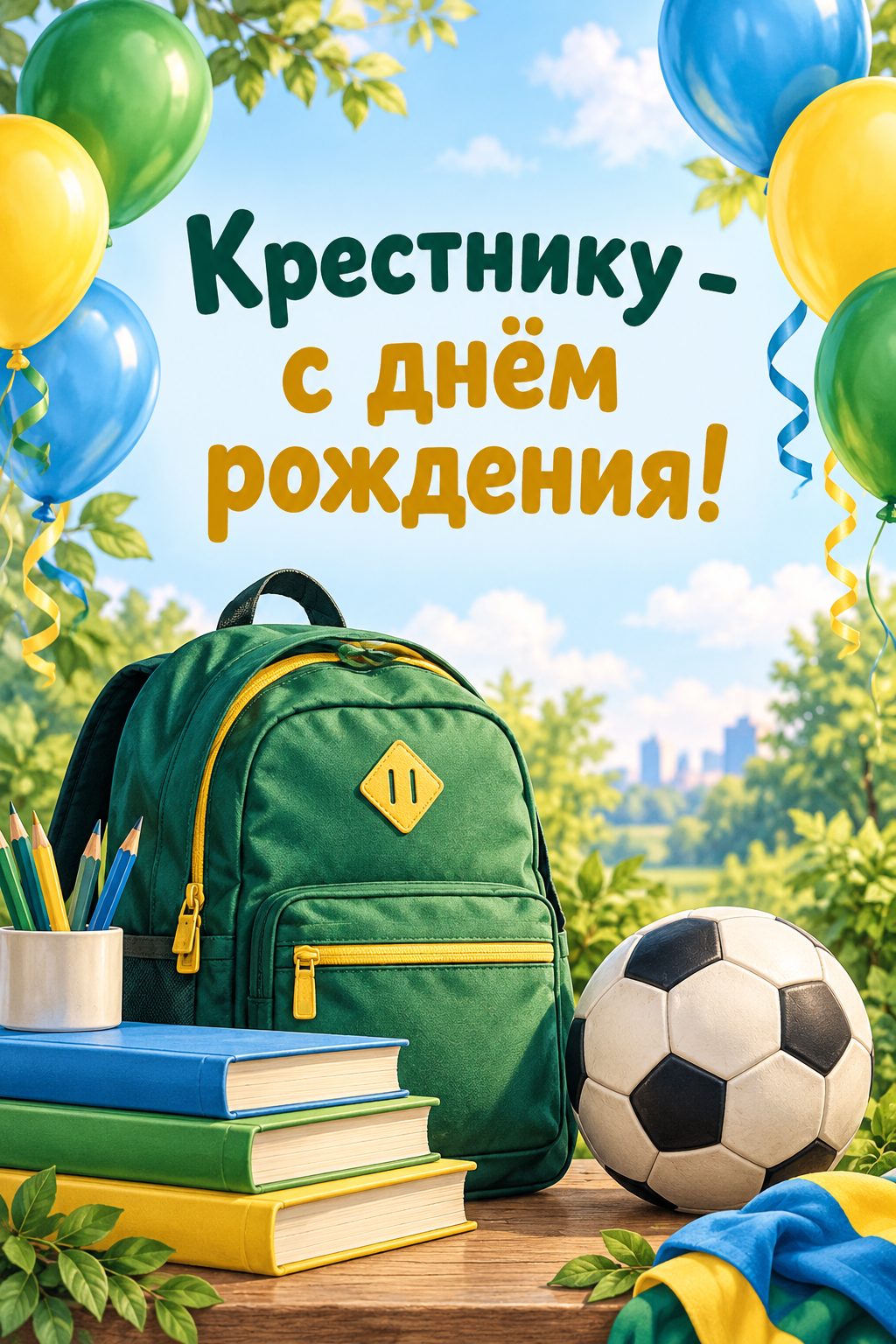 Открытка с днём рождения крестнику: школьный рюкзак, книги и мяч с воздушными шарами, надпись «Крестнику - с днём рождения!»