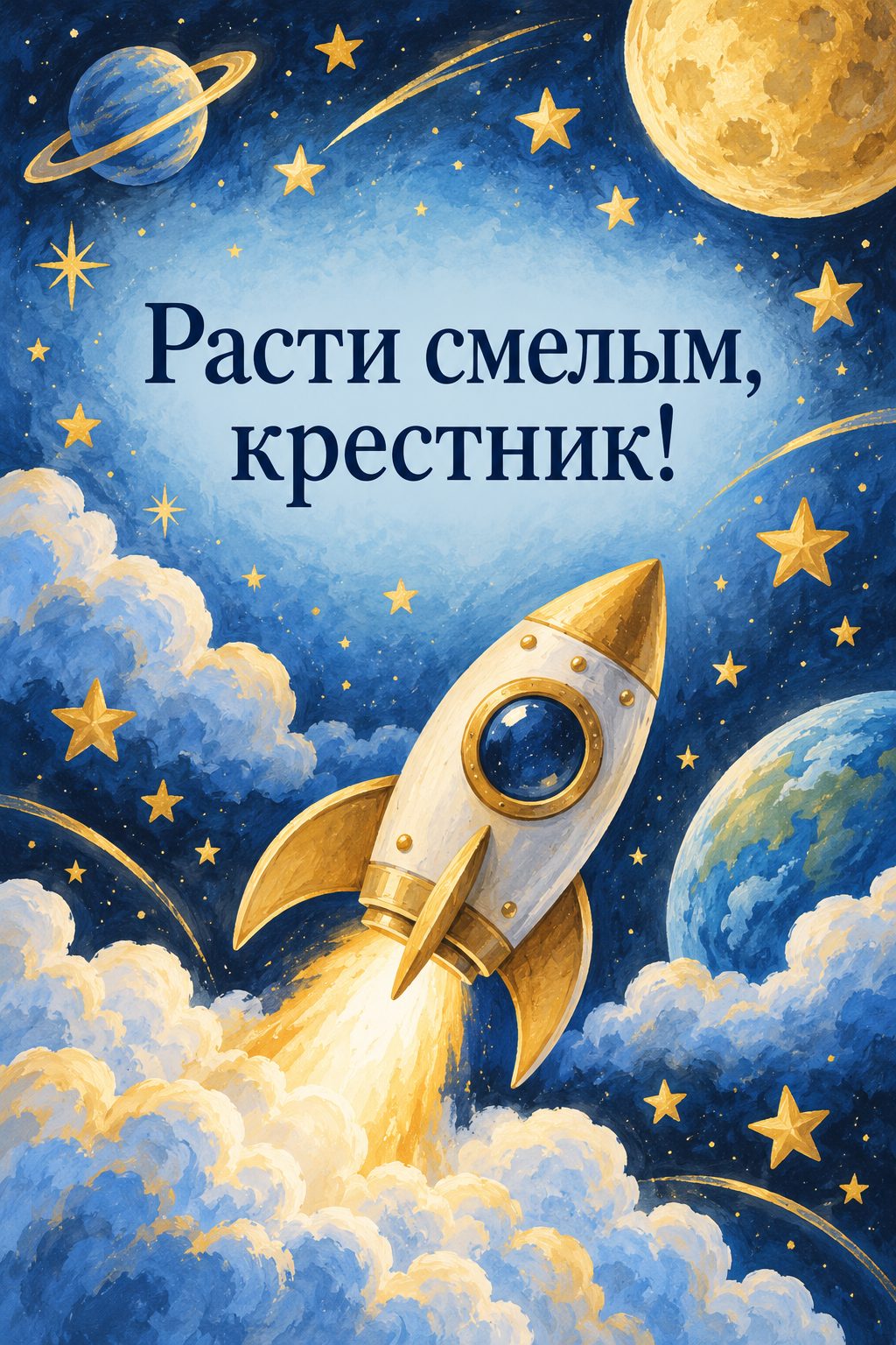 Открытка с днём рождения крестнику: игрушечная ракета среди звёзд и облаков, надпись «Расти смелым, крестник!»