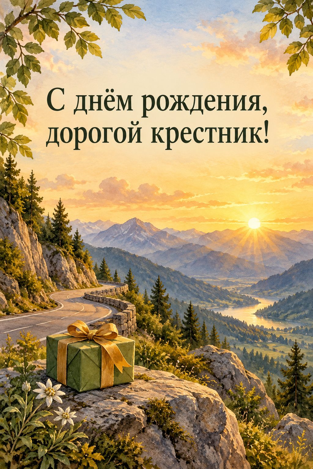 Открытка с днём рождения крестнику: горная дорога на рассвете и подарок на камне, надпись «С днём рождения, дорогой крестник!»