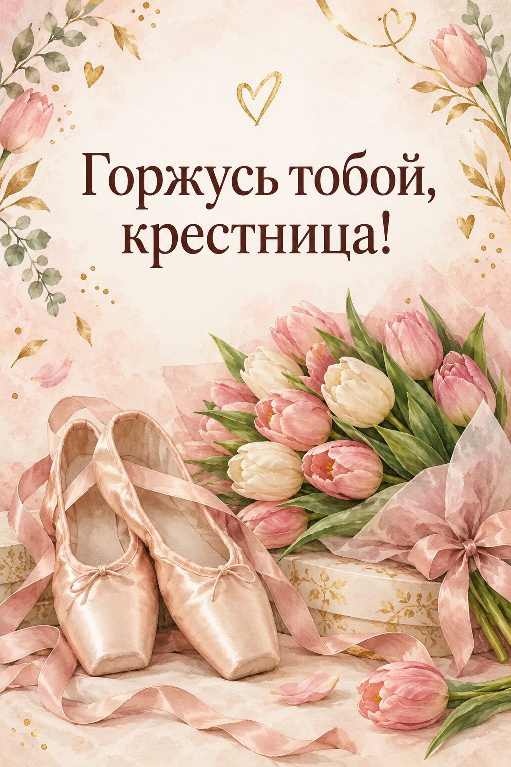 Открытка с днём рождения крестнику: балетные туфельки рядом с букетом тюльпанов, надпись «Горжусь тобой, крестница!»