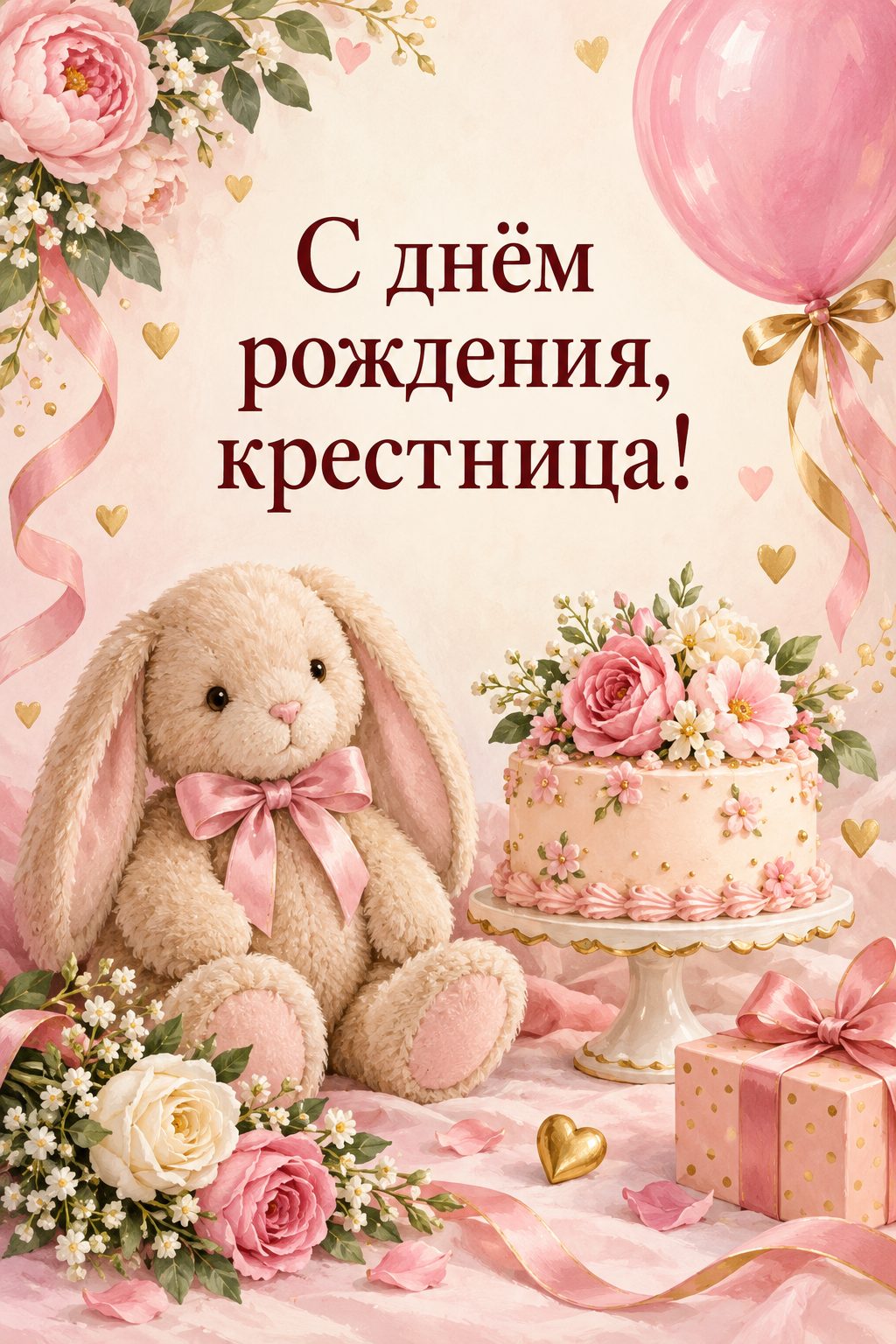 Открытка с днём рождения крестнику: плюшевый зайчик, розовый шар и торт с цветами, надпись «С днём рождения, крестница!»