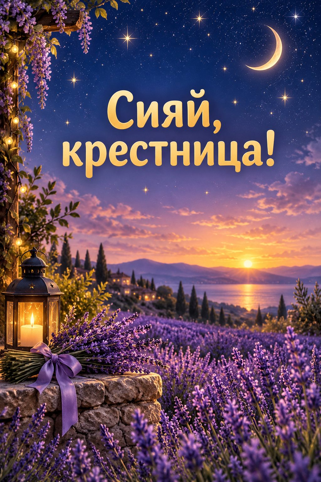 Открытка с днём рождения крестнику: звёздное небо над лавандовым полем, надпись «Сияй, крестница!»