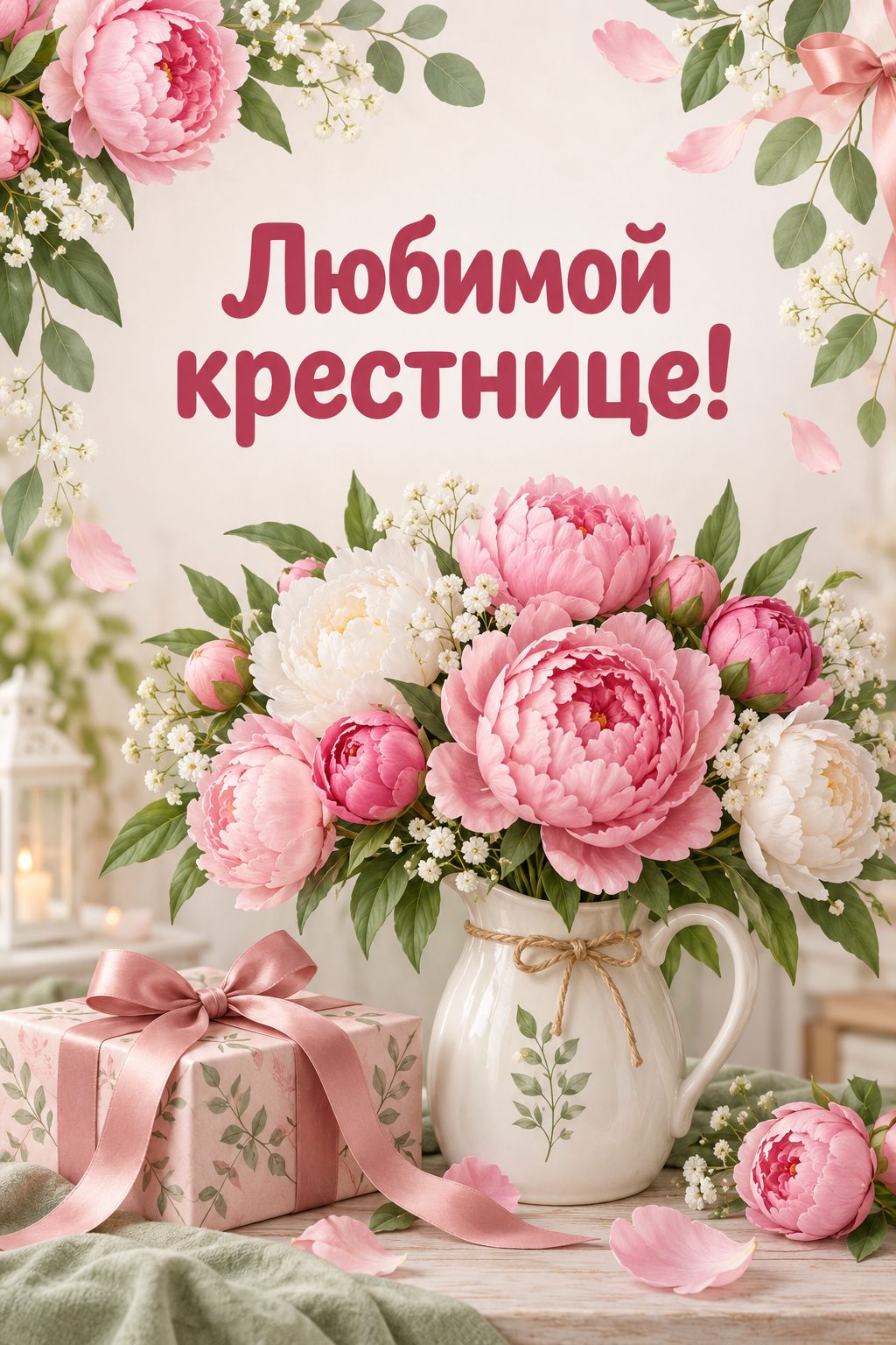 Открытка с днём рождения крестнику: букет пионов в кувшине и подарок с лентой, надпись «Любимой крестнице!»