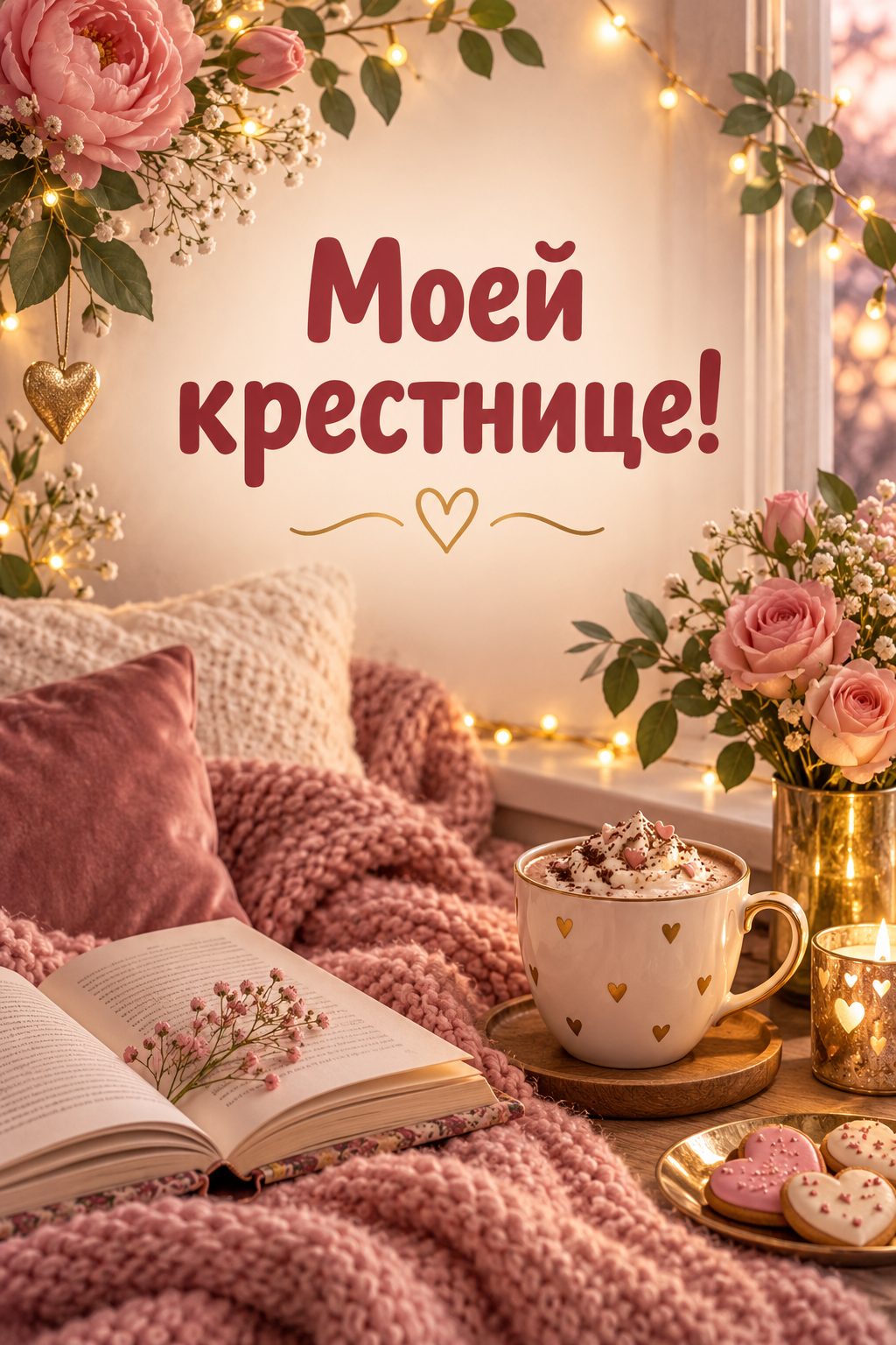 Открытка с днём рождения крестнику: уютный уголок для чтения с книгой, какао и гирляндой, надпись «Моей крестнице!»