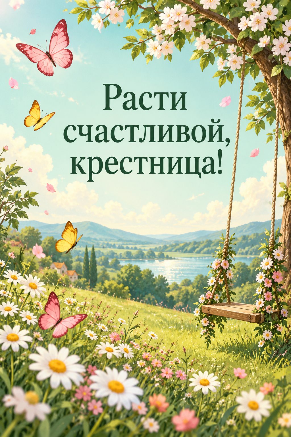 Открытка с днём рождения крестнику: бабочки над лугом с ромашками и качели, надпись «Расти счастливой, крестница!»