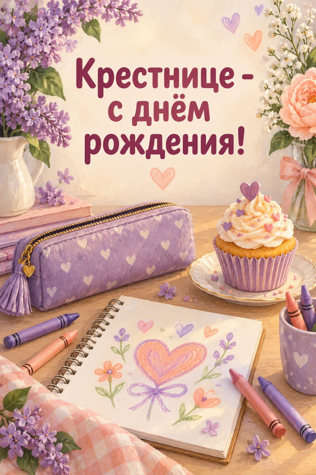 Открытка с днём рождения крестнику: пенал, альбом, мелки и капкейк, надпись «Крестнице - с днём рождения!»