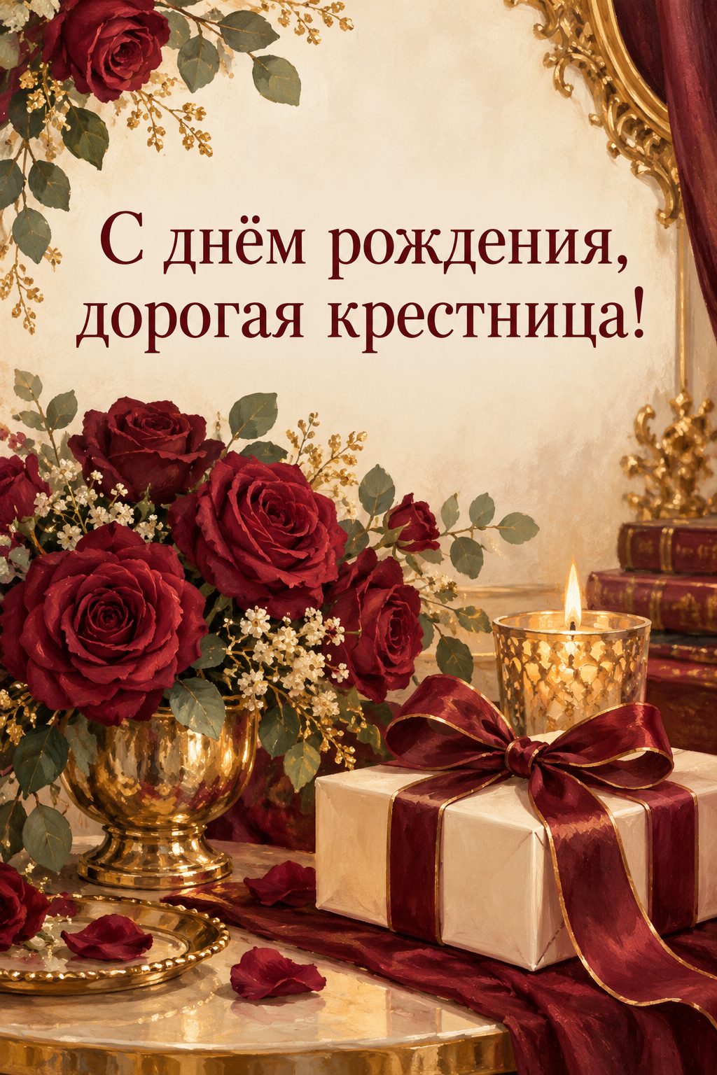 Открытка с днём рождения крестнику: нарядный стол с розами, свечой и подарком, надпись «С днём рождения, дорогая крестница!»