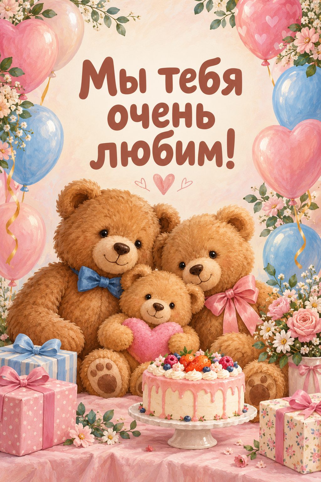 Открытка с днём рождения крестнику: три плюшевых мишки с шарами и тортом, надпись «Мы тебя очень любим!»