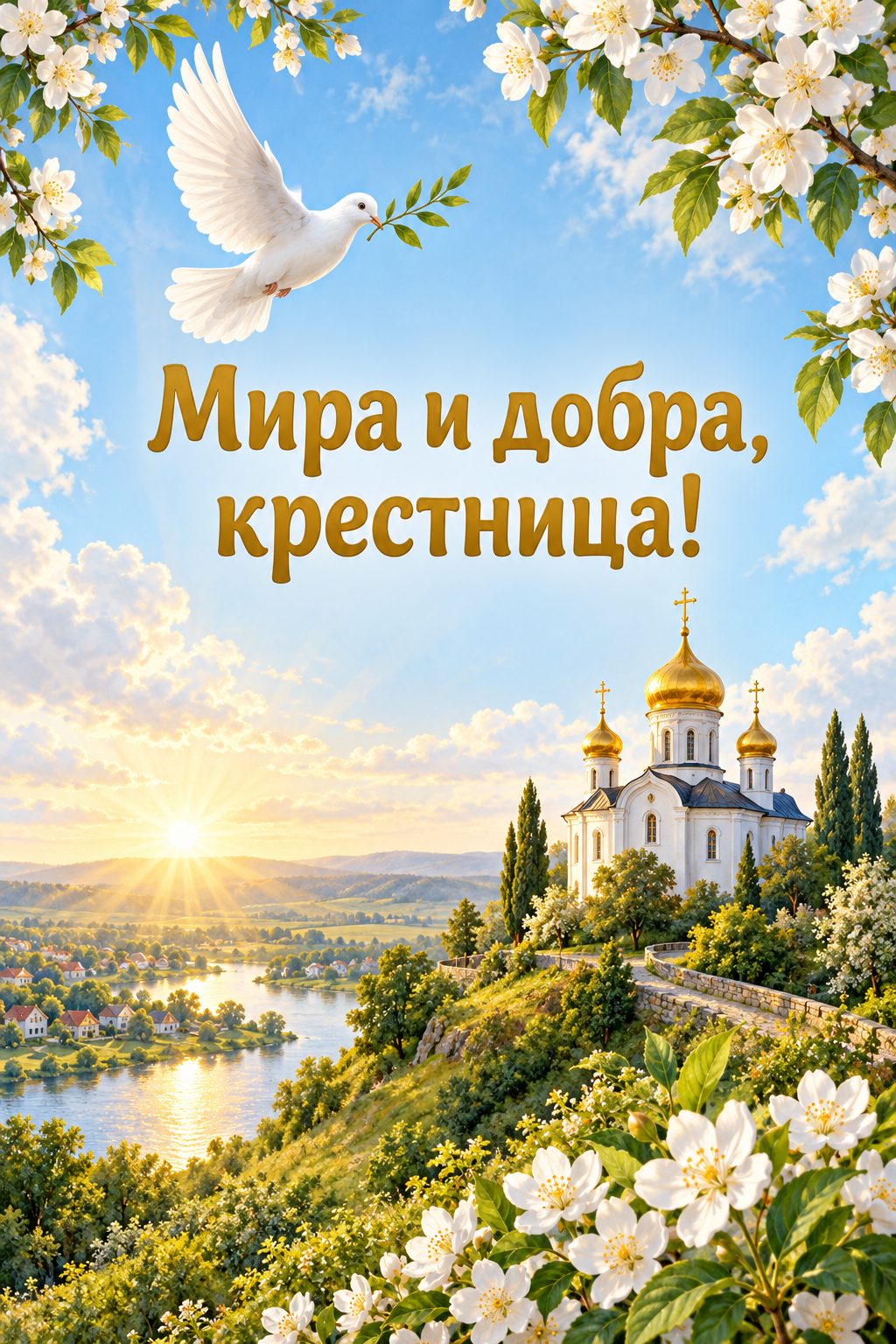 Открытка с днём рождения крестнику: белый голубь с веточкой над сельской церковью на холме, надпись «Мира и добра, крестница!»