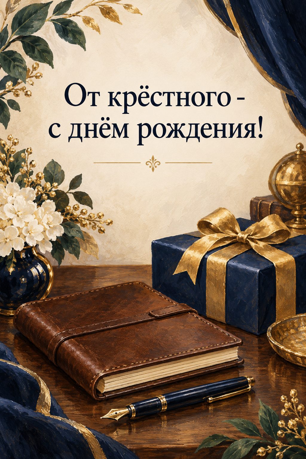 Открытка с днём рождения крестнику: кожаный блокнот, перьевая ручка и подарок, надпись «От крёстного - с днём рождения!»