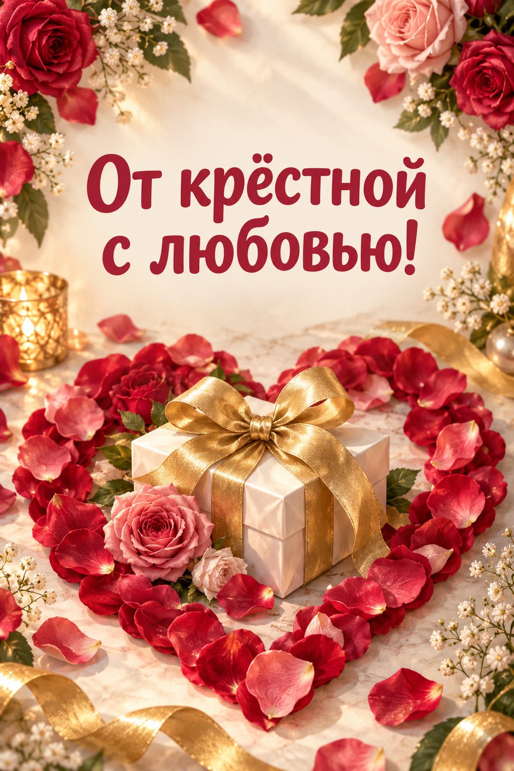 Открытка с днём рождения крестнику: сердце из лепестков роз вокруг подарка, надпись «От крёстной с любовью!»