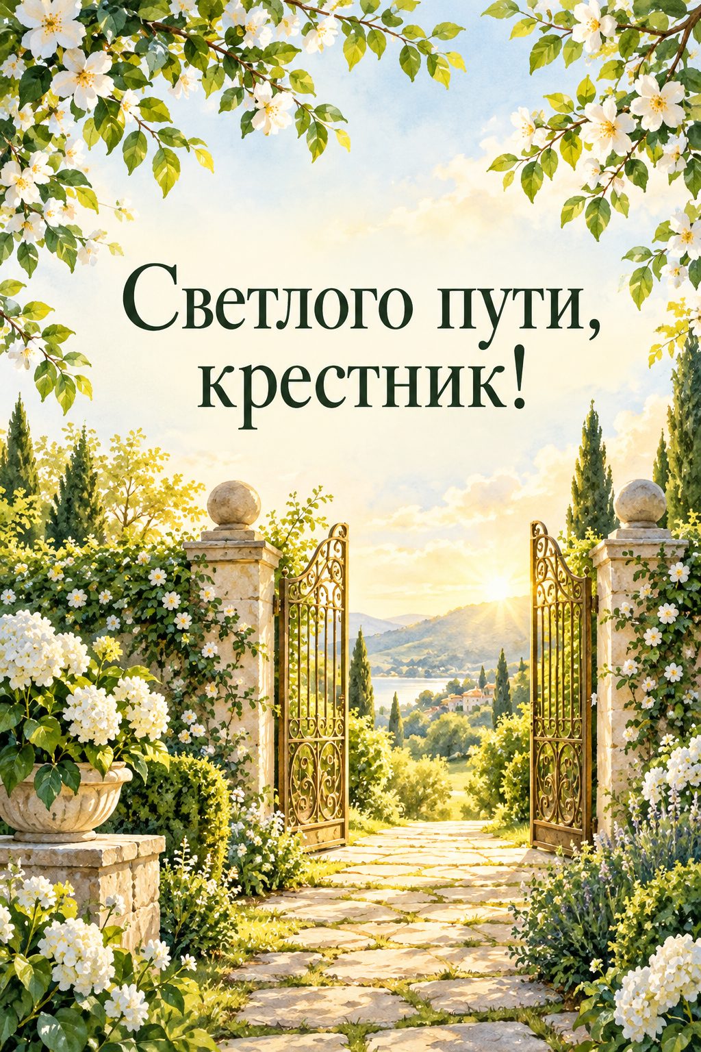 Открытка с днём рождения крестнику: дорожка через цветущий сад к залитой солнцем калитке, надпись «Светлого пути, крестник!»