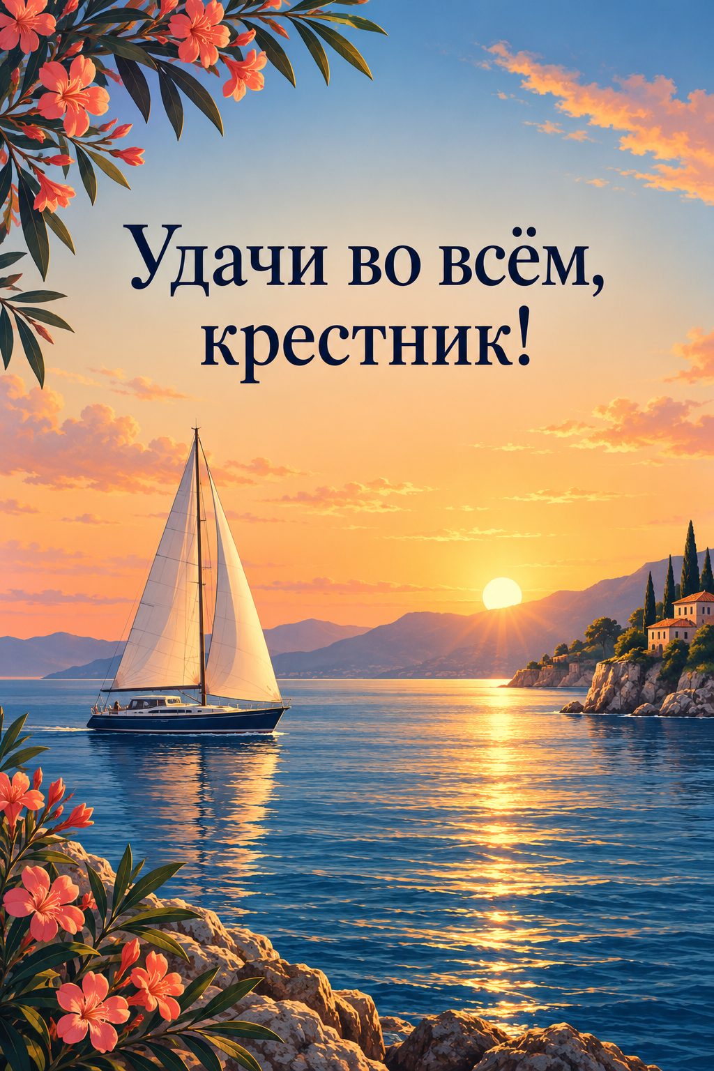 Открытка с днём рождения крестнику: парусник на спокойном море на рассвете, надпись «Удачи во всём, крестник!»