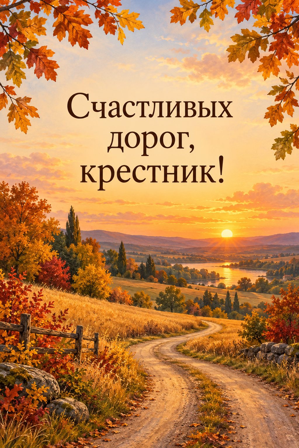 Открытка с днём рождения крестнику: дорога через осенние поля на закате, надпись «Счастливых дорог, крестник!»
