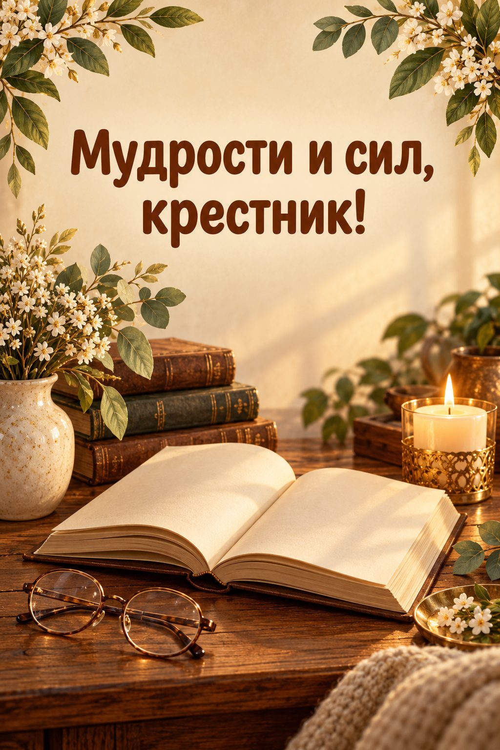 Открытка с днём рождения крестнику: раскрытая книга, очки и свеча на деревянном столе, надпись «Мудрости и сил, крестник!»