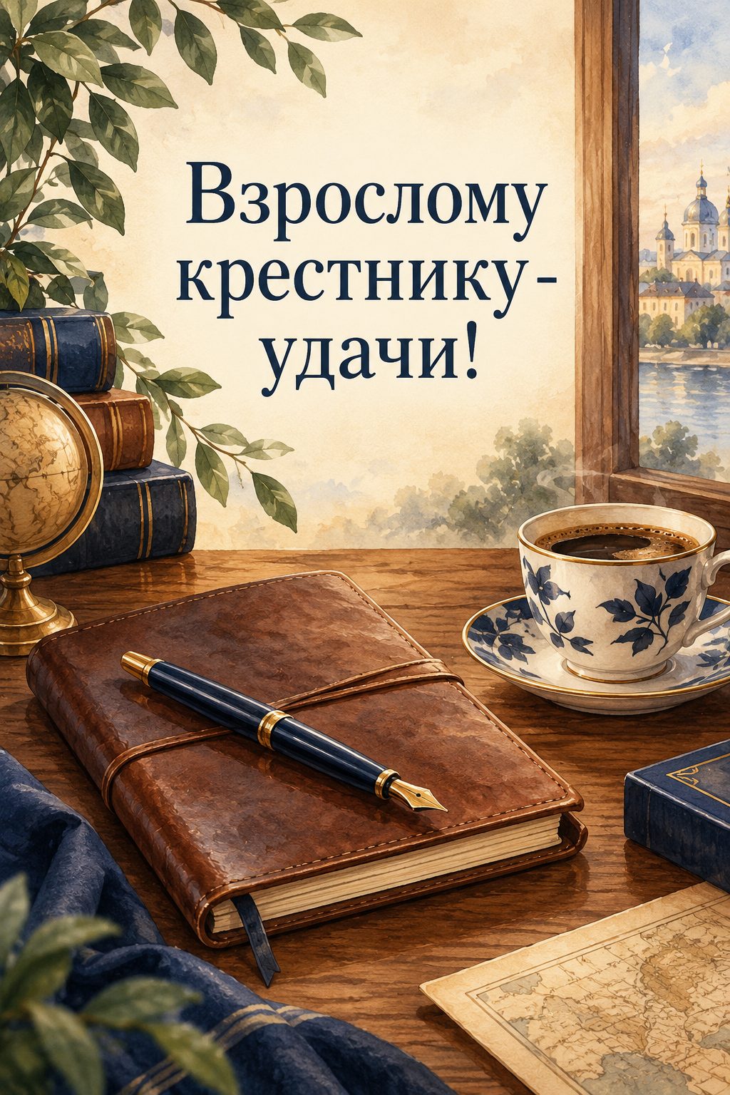 Открытка с днём рождения крестнику: кожаный блокнот, перьевая ручка и чашка кофе на столе, надпись «Взрослому крестнику - удачи!»