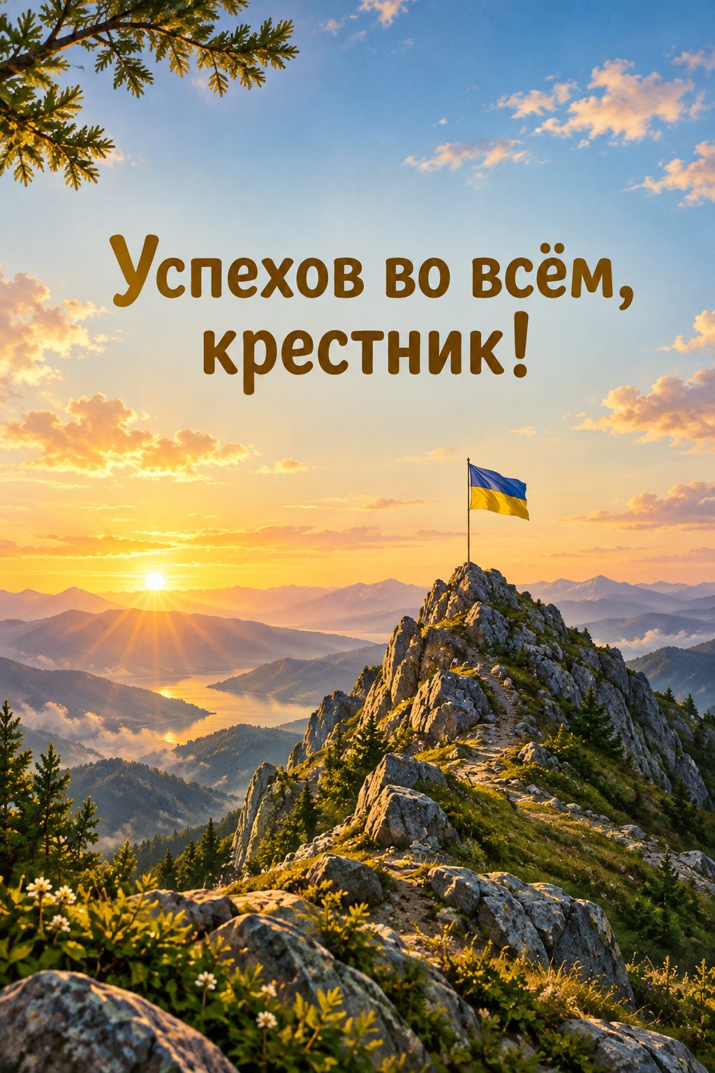 Открытка с днём рождения крестнику: горная вершина на рассвете с флажком, надпись «Успехов во всём, крестник!»