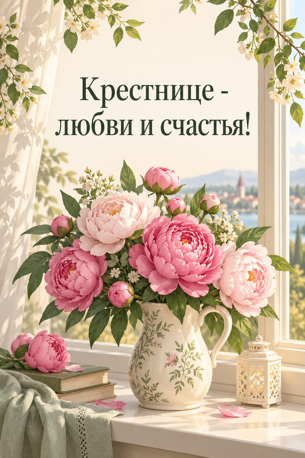 Открытка с днём рождения крестнику: букет пионов в старинном кувшине на подоконнике, надпись «Крестнице - любви и счастья!»